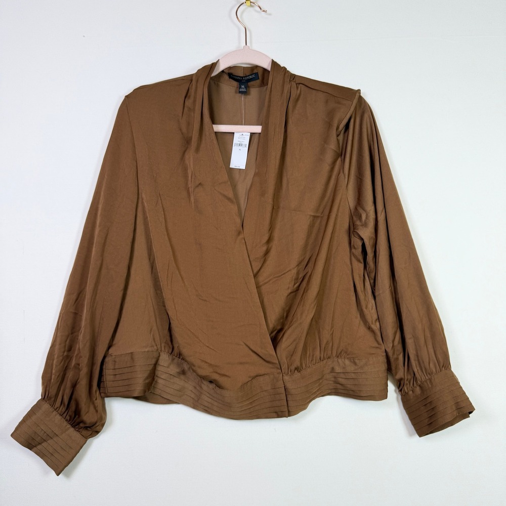 BANANA REPUBLIC Brown Pleated Hem‎ Surplice Wrap Blouse XL